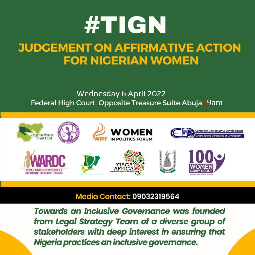 CDDWestAfrica's tweet image. Update: The judgement with regards to the affirmative action for Nigerian Women has been adjourned to Wednesday 6th of April 2022. 

#TheConstitutionwewant 
#Affimativeaction 
#Equality