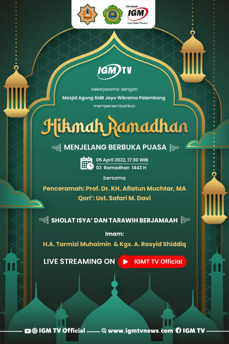 marzukialie_MA's tweet photo. https://t.co/Ia7zOznW88
Tdk hanya di Makkah Al Mukarromah, sholat tarawih 30 juz selama ramadhan, di masjid agung SMB PLG sdh lbh dr 50 th dijalankan. Yg diimami alm KH Rasyid Siddik, Alm KH Nawawi Dencik, saat ini generasi ke 3 Ust Tarmizi n Abd Rasyid. Mari saksikan di IGMTV https://t.co/duAKeWiKFi
