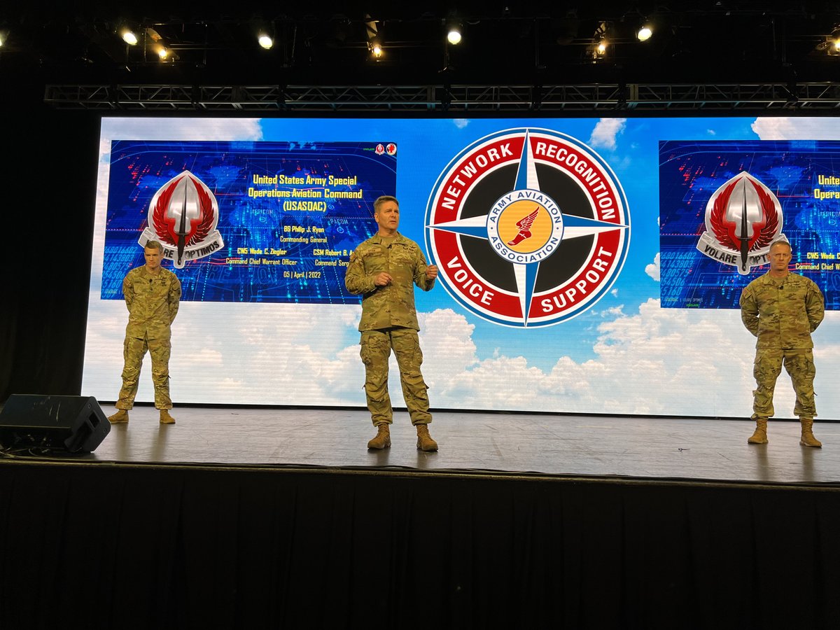 Army_Aviation's tweet photo. BG Philip Ryan, CW5 Wade Ziegler, and CSM Robert Armstrong present on U.S. Army Special Operations Aviation Command this morning’s professional session during the #22Summit https://t.co/p3bhVYKFtU