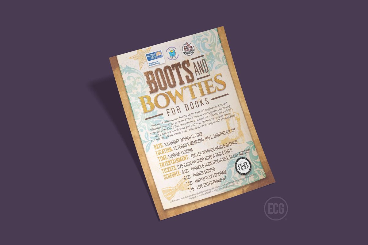 EldenCreative's tweet photo. Recently, ECG created flyers, programs, tickets, and table centerpieces for the @unitedway_of_wc Boots &amp; Bowties for Books event, which helped raise funds for the Dolly Parton Imagination Library. 📚

#northwestohio #graphicdesign #graphicdesigner #creative #design #dollyparton https://t.co/32on4IQEK5