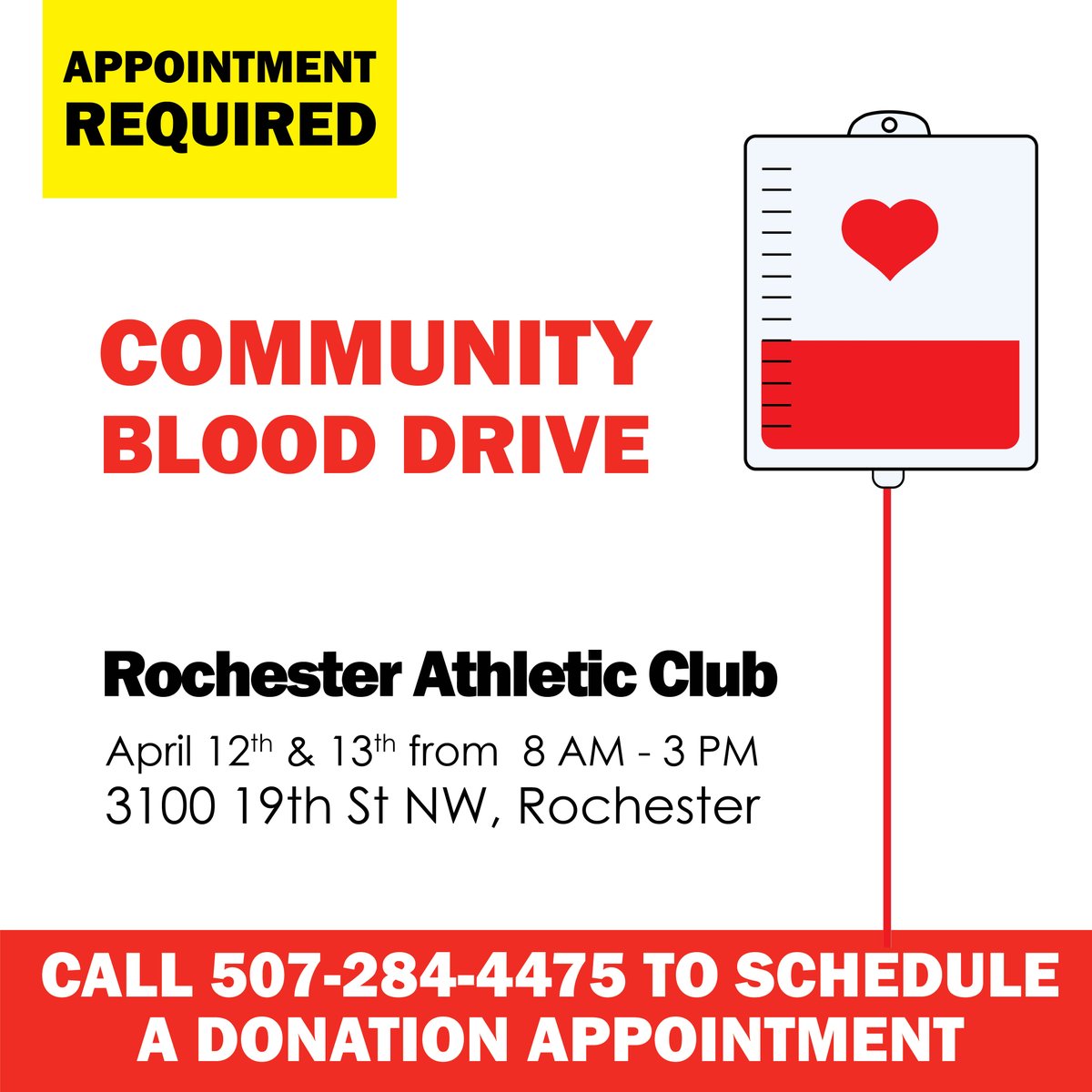Blood Donor Program (@mayoclinicbdp) on Twitter photo <a href="/RACMN/">RochesterAthClubMN</a> is hosting a community blood drive that is open to the public (you do not need to be a RAC member) on April 12th & 13th. Donation appointments are limited so please call 507-284-4475 to schedule your donation appointment! #giveblood #rochmn <a href="/RACMN/">RochesterAthClubMN</a> is hosting a community blood drive that is open to the public (you do not need to be a RAC member) on April 12th & 13th. Donation appointments are limited so please call 507-284-4475 to schedule your donation appointment! #giveblood #rochmn