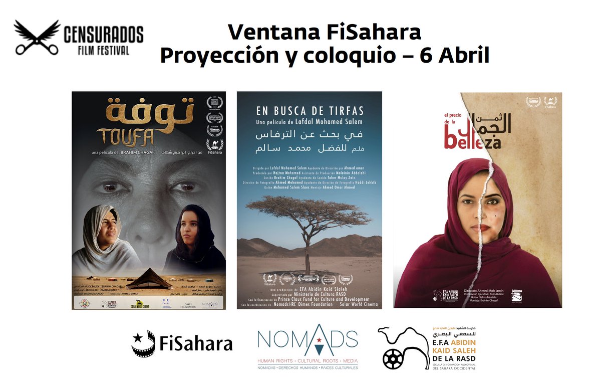 nomadshrc's tweet image. @CensuradosFilmF✂️Lima (Perú) - Rompe el Silencio y muestra una "Ventana a @FiSahara: La Revolución del Cine Saharaui" - con la proyección de 3 cortos 💯🇪🇭que hablan del pasado, el presente y el futuro del #PuebloSaharaui
➕ Participantes Coloquio 👇🏾: censuradosfilmfestival.org/fisahara