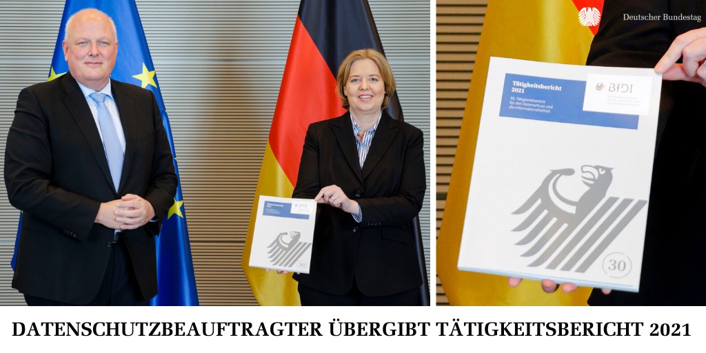Zu sehen ist die Übergabe des 30. Tätigkeitsberichts des Bundesbeauftragten für den Datenschutz und die Informationsfreiheit, Ulrich Kelber (SPD) an Bundestagspräsidentin Bärbel Bas (SPD) im Berliner Reichstagsgebäude sowie der Bericht in einer Großaufnahmen.