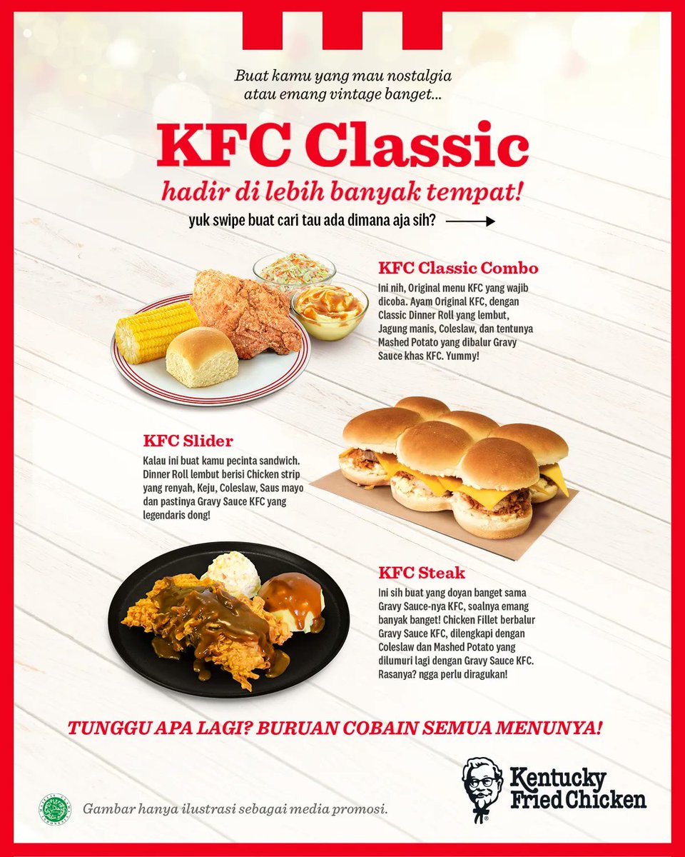 KFCINDONESIA's tweet photo. KFC Classic sekarang hadir di lebih banyak gerai KFC! π
Siapa nih penggemar pilihan menu KFC Classic yang vintage banget? Atau bahkan belum pernah cobain? Coba cek slide sebelah buat tau lokasi-lokasi terbaru menu KFC Classic ya!
#KFCIndonesia #kfcclassiccombo #kfcclassic https://t.co/Le703t3mmr
