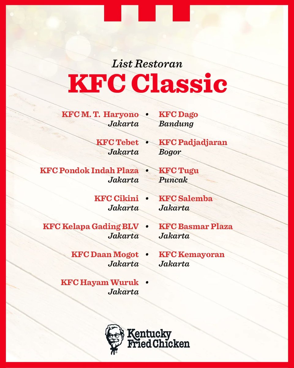 KFCINDONESIA's tweet photo. KFC Classic sekarang hadir di lebih banyak gerai KFC! π
Siapa nih penggemar pilihan menu KFC Classic yang vintage banget? Atau bahkan belum pernah cobain? Coba cek slide sebelah buat tau lokasi-lokasi terbaru menu KFC Classic ya!
#KFCIndonesia #kfcclassiccombo #kfcclassic https://t.co/Le703t3mmr