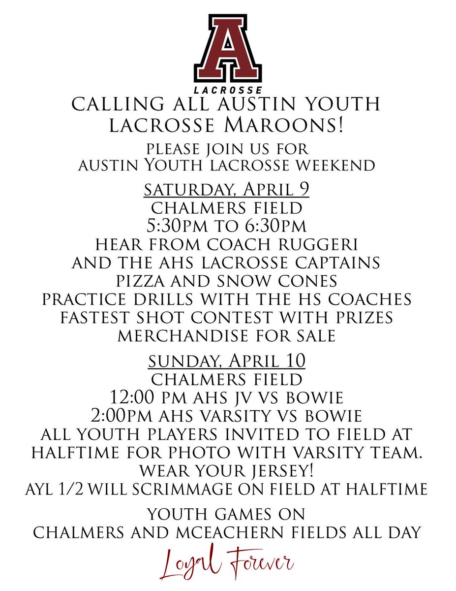 AHSMaroonsLax's tweet photo. 📣📣📣 Attention Austin Lacrosse Families! You will not want to miss this special Austin Youth Lacrosse Event on April 9th. ⁦@CoachJRuggeri⁩ 🥍🍧🍕 https://t.co/M0X4MpKIwo
