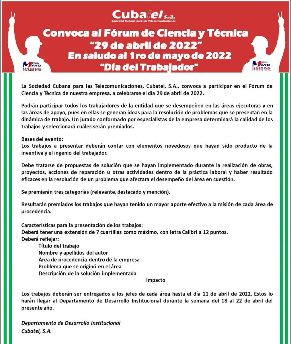 EmpresaCubatel's tweet photo. #CubatelSA ya recepciona los trabajos del Fórum de Ciencia y Técnica de la empresa, hasta el 11 de abril.
Si eres trabajador de nuestra entidad, contamos con tu contribución al evento.
#CubatelSAenlaInformatización @MINCOMCuba @GEIC_DICE @JavierG78246455 https://t.co/qvGK6uyPFp
