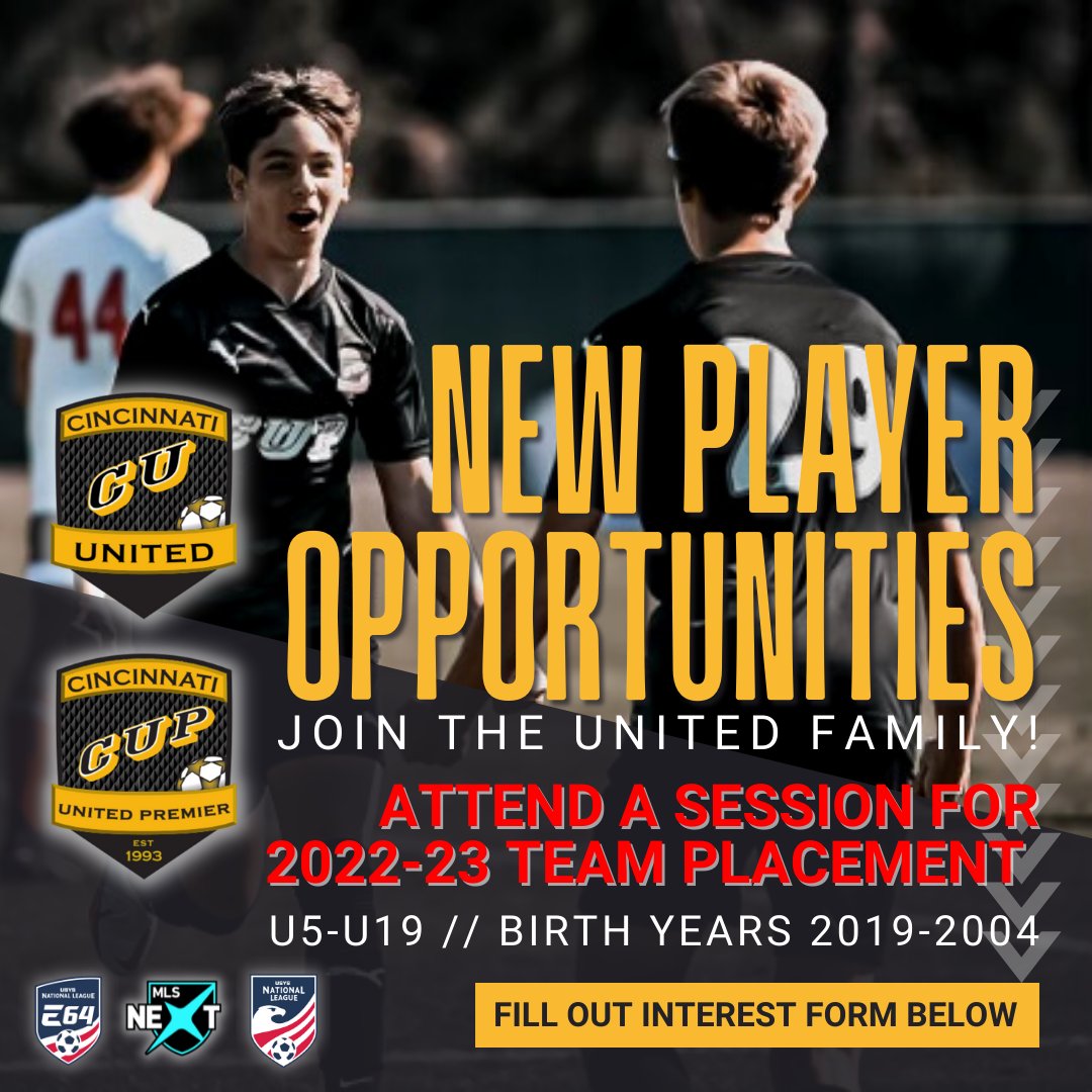 cincyunited's tweet photo. Interested in playing for CU/CUP? Have a friend who needs a club home? Look no further! Join our #UNITEDfamily for the upcoming season!

Fill out this New Player Interest Form to attend a session for 2022-23 team placement.

👉https://t.co/d9PPD0MyVF👈 https://t.co/r7fDrNsVJq
