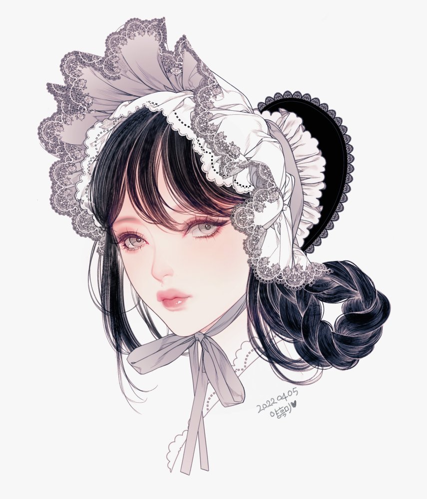 1girl solo bonnet white background portrait black hair simple background  illustration images