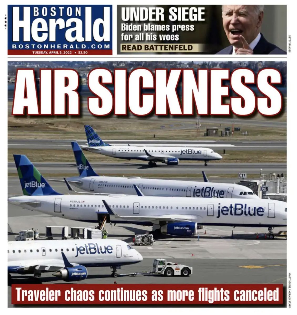 bostonherald's tweet photo. JetBlue flight cancellations continued at Logan yesterday just one day after the airline cancelled 75 flights at the Boston hub. Will you continue to book JetBlue after the recent cancellations? Take our poll to weigh in on today's front page feature:
https://t.co/Tg50mtPk9w https://t.co/J9Q9cgEPfU