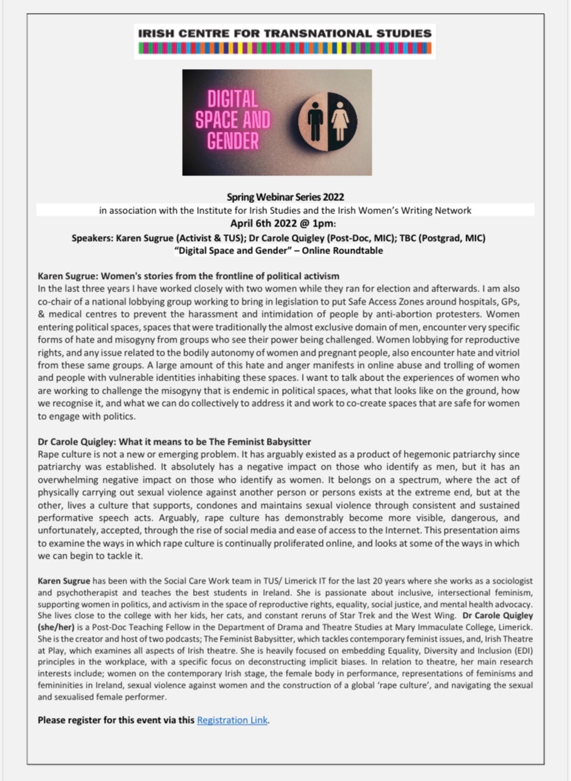 ICTS01's tweet photo. Please join us on Wednesday 6th April at 1pm for an outline roundtable on ‘Digital Space and Gender’. 
Among the speakers are Karen Sugrue, Dr. Carole Quigley and postgraduate students from MIC. Details below . 
Fáilte roimh chách 
@MICRGSO @mic_german @MIC_French @IWWNetwork https://t.co/NhcW7vRMHQ