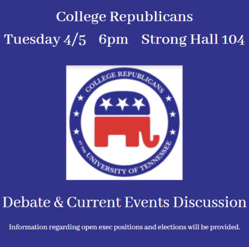 Join <a href="/GOPatUTK/">College Republicans at UTK</a> tonight for a discussion and to hear announcements concerning this year’s leadership election! Strong Hall 104 at 6 PM 🇺🇸