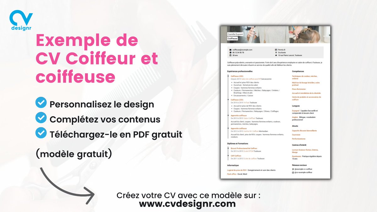 CvDesignR's tweet image. EXEMPLE DE CV COIFFEUR 💇‍♂️
Ce CV est adapté pour postuler dans un institut ou dans un salon de coiffure !
Pour créer votre CV 👉 bit.ly/372A5nJ
#CVDesignR #CV #ModeleCV #CVGratuit #ExempleCV #CVCoiffeur #Coiffeur #Coiffeuse #Recrutemement #Emploi #Candidat #Candidature