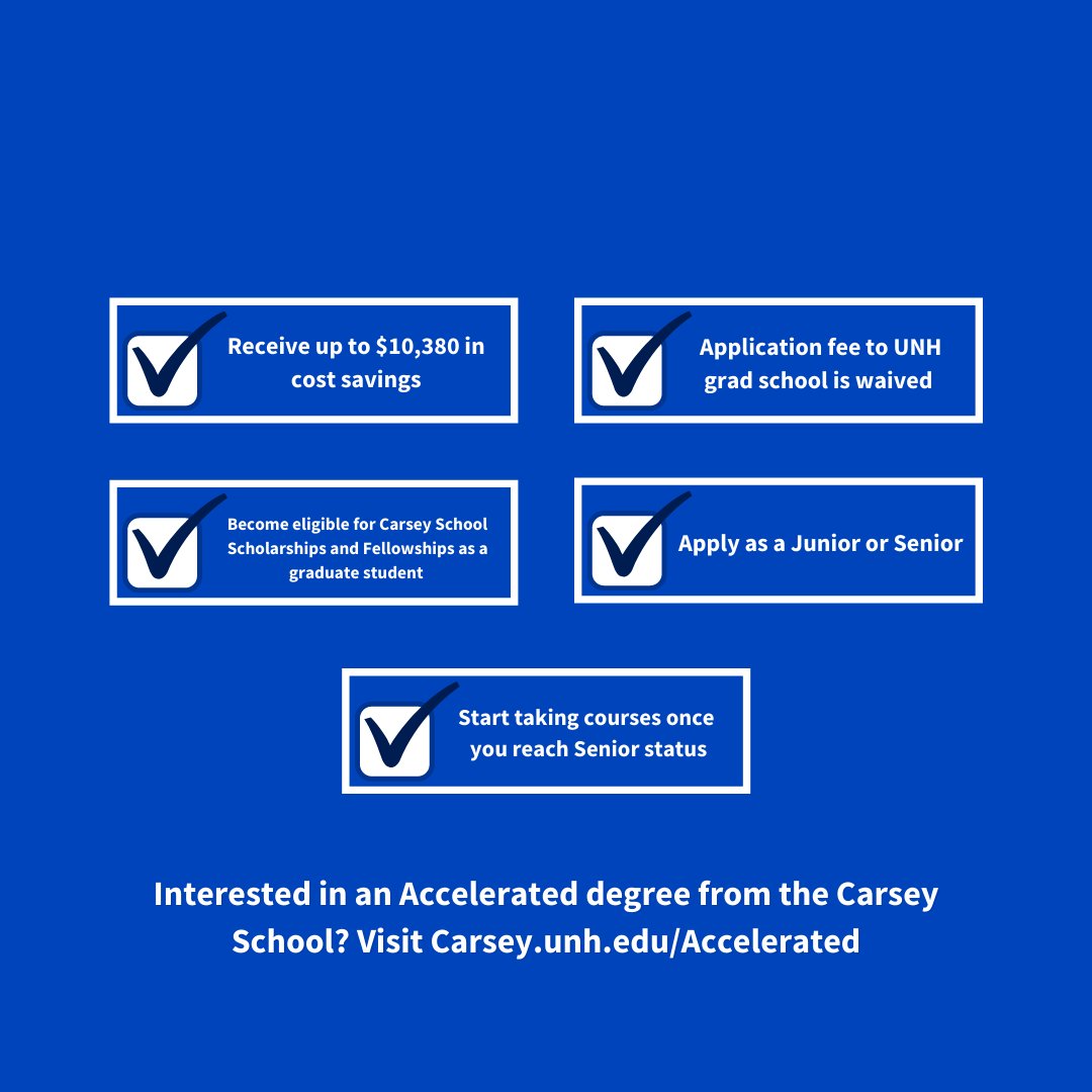 Why should you pursue an Accelerated #MastersDegree from <a href="/CarseySchool/">UNH Carsey School of Public Policy</a>? How about completing your degree in 12 mos. while saving on tuition &amp; receiving #scholarships only available from Carsey! Learn more at bit.ly/3NLVrqb

Fall 2022 Deadlines
MPP = Aug 15
MPA = July 15