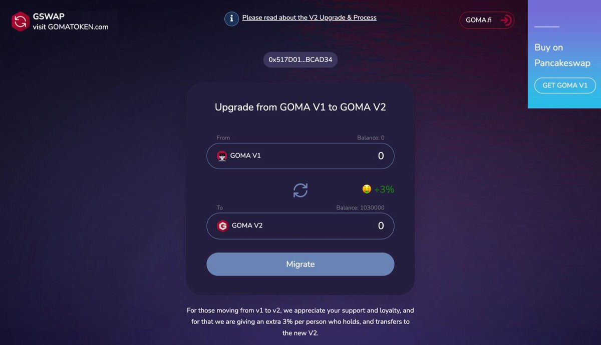 GOMAFinance's tweet photo. Our final test of GOMA v2 and GSWAP function tested, and working like a charm! Updates being released today, this week is going to ROCK! 

🤑 Nearly there - for anyone swapping from V1 to V2 through GSWAP you will receive an additional 3% GOMA🤑

#GOMA $GOMA #GSWAP https://t.co/XoeaXIglvK