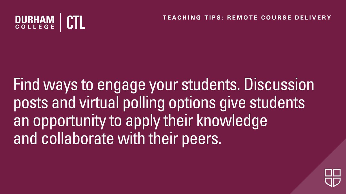 TheDCCTL's tweet photo. Find ways to engage your students. Discussion posts and virtual polling options give students an opportunity to apply their knowledge and collaborate with their peers. #CTLTips #TeachingTips #RemoteDelivery https://t.co/LghKIaQd1n