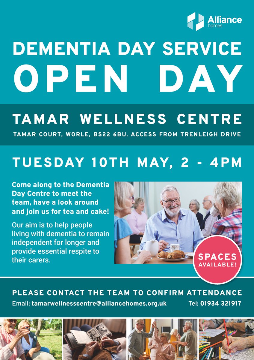 Alliance_Homes's tweet photo. We welcome you to our Dementia Day Service open day!

📍 Tamar Wellness Centre, Worle, BS22 6BU (access from Trenleigh Drive)
📅 Tuesday 10 May 2022
⏰ 2 - 4pm
ℹ️ https://t.co/eAfMShRpKN

Get in touch today: tamarwellnesscentre@alliancehomes.org.uk / 01934 321917 https://t.co/0zuZ3rJFFo