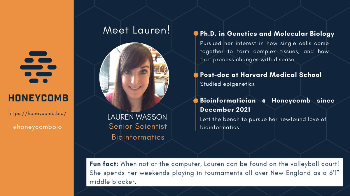 honeycombbio's tweet photo. 👋 Meet Lauren, our Senior Scientist, Bioinformatics. 😊
#teamtuesdays #honeycombbio_team #singlecell #honeycombbio #HIVE #HIVEscRNAseq #scRNAseq #singlecellgenomics https://t.co/hQhsCUY8Q1