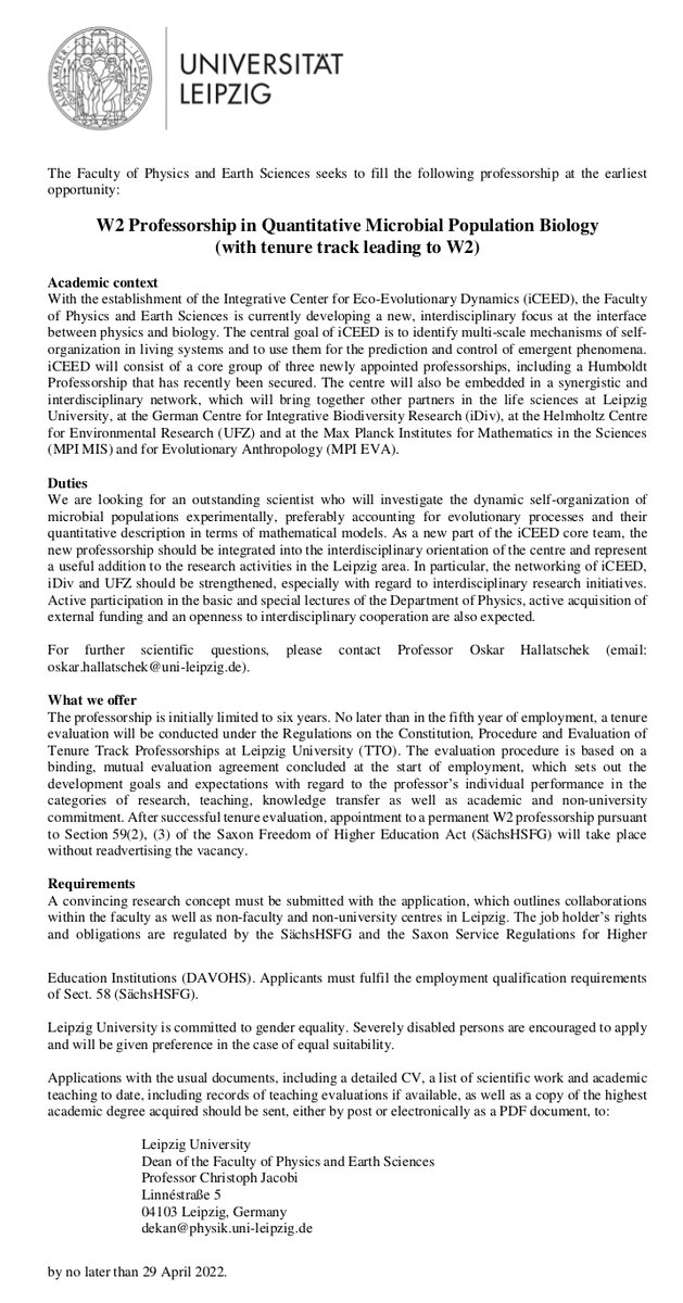 DynamicsLiving's tweet image. #CollectiveDynamics
W2 Professorship in Quantitative Microbial Population Biology (with tenure track leading to W2) at Faculty of Physics and Earth Sciences @UniLeipzig 
Deadline:  29 April 2022

uni-leipzig.de/en/newsdetail/…