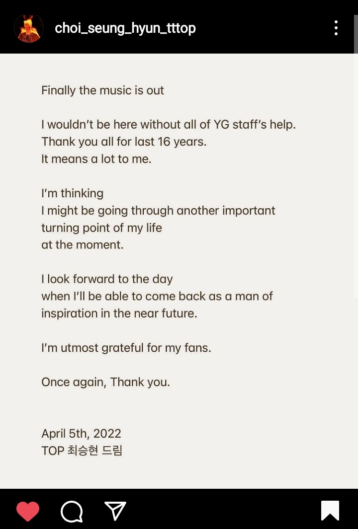 ddpsupport_team's tweet photo. Be happy TOP. We'll support you on your next chapters. Cheers for more years! 💛

STILL LIFE STILL HERE
@YG_GlobalVIP
#BIGBANG_StillLife
#BIGBANG
#빅뱅이_돌아왔습니다 https://t.co/NxyWf3TemJ