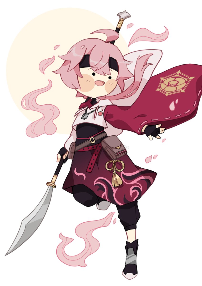 1girl solo horns pink hair flower chibi ahoge  illustration images