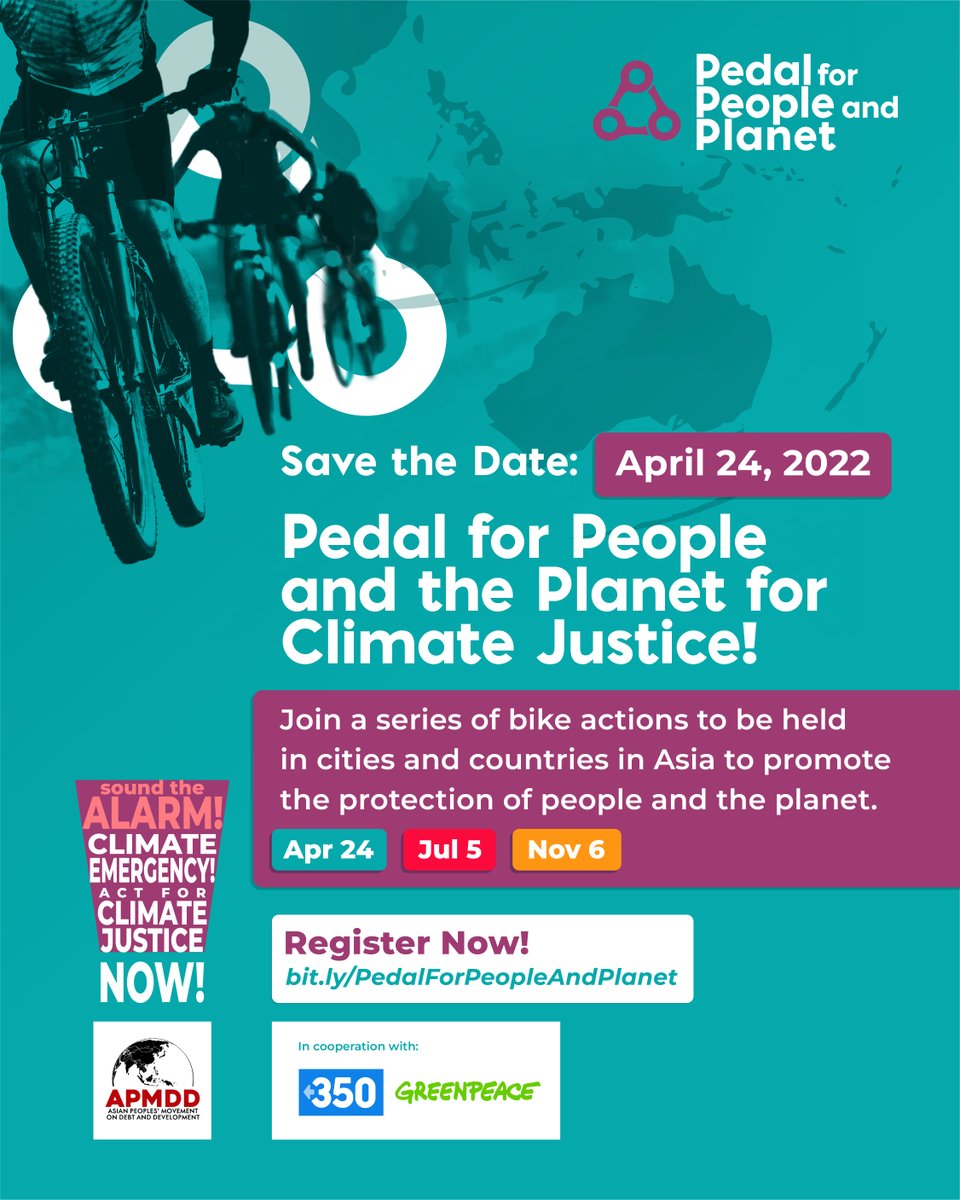 AsianPeoplesMvt's tweet photo. SAVE. THE. DATE.

24 APRIL 2022

Get ready to pedal for people and planet! #ClimateJustice

REGISTER HERE: https://t.co/GFpTASRcPc

#SoundTheAlarm #ClimateEmergency #ActForClimateJusticeNow

@350Pilipinas @gpph https://t.co/mvmylmmWxc