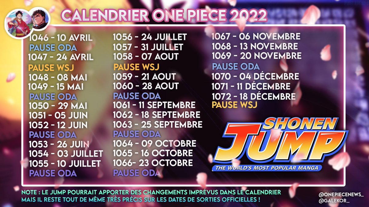 One Piece News on X: Planning des chapitres One Piece pour le reste de  l'année 2022 !  / X