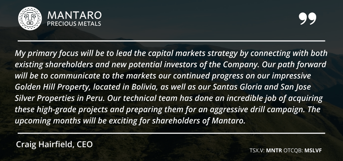 MantaroPM's tweet photo. News Release: Mantaro Precious Metals Corp. Appoints Craig Hairfield as CEO

Mr. Hairfeld succeeds Dr. Chris Wilson who will continue as Executive Chairman and Chief Geologist for Mantaro.

Full release: https://t.co/szUpHIHc8b

$MNTR https://t.co/74QGV14ffR