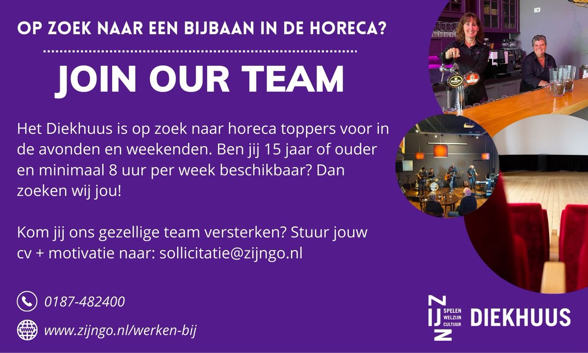 Wij zijn op zoek naar verschillende horecatijgers!🐯

Ben jij stressbestendig, representatief, oplossingsgericht en flexibel? Dan zoeken wij jou! Heb je al ervaring in de horeca? Dan is dat een pré! 🤩

Solliciteer door jouw motivatie + cv te mailen naar sollicitatie@zijngo.nl!