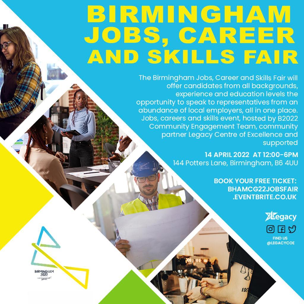 Next Thursday we will be partaking in the Birmingham Jobs, Careers and Skills Fair at the Legacy Centre of Excellence! @thelegacycoe To register go to the Legacy Centre of Excellence Eventbrite: eventbrite.co.uk/e/311654907217 #commonwealthgames #birmingham #legacycoe #jobs #careers