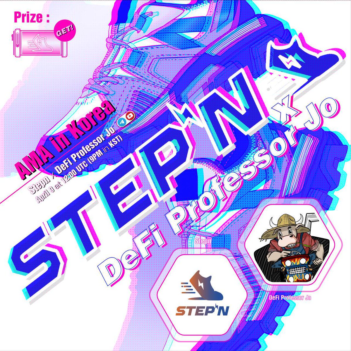 0xProfessorJo's tweet photo. Pleasure to announce that I host @Stepnofficial AMA this Sat (April 9) at 9PM in KST (12:00 UTC). To get 1 STEPN NFT &amp; 50 GST for 2 participants, 

1. Please complete the link:  https://t.co/PKhLrt4DR5
2. Please join in the venue for AMA:
https://t.co/NQFHot3w73 https://t.co/cXEt9H4Yer