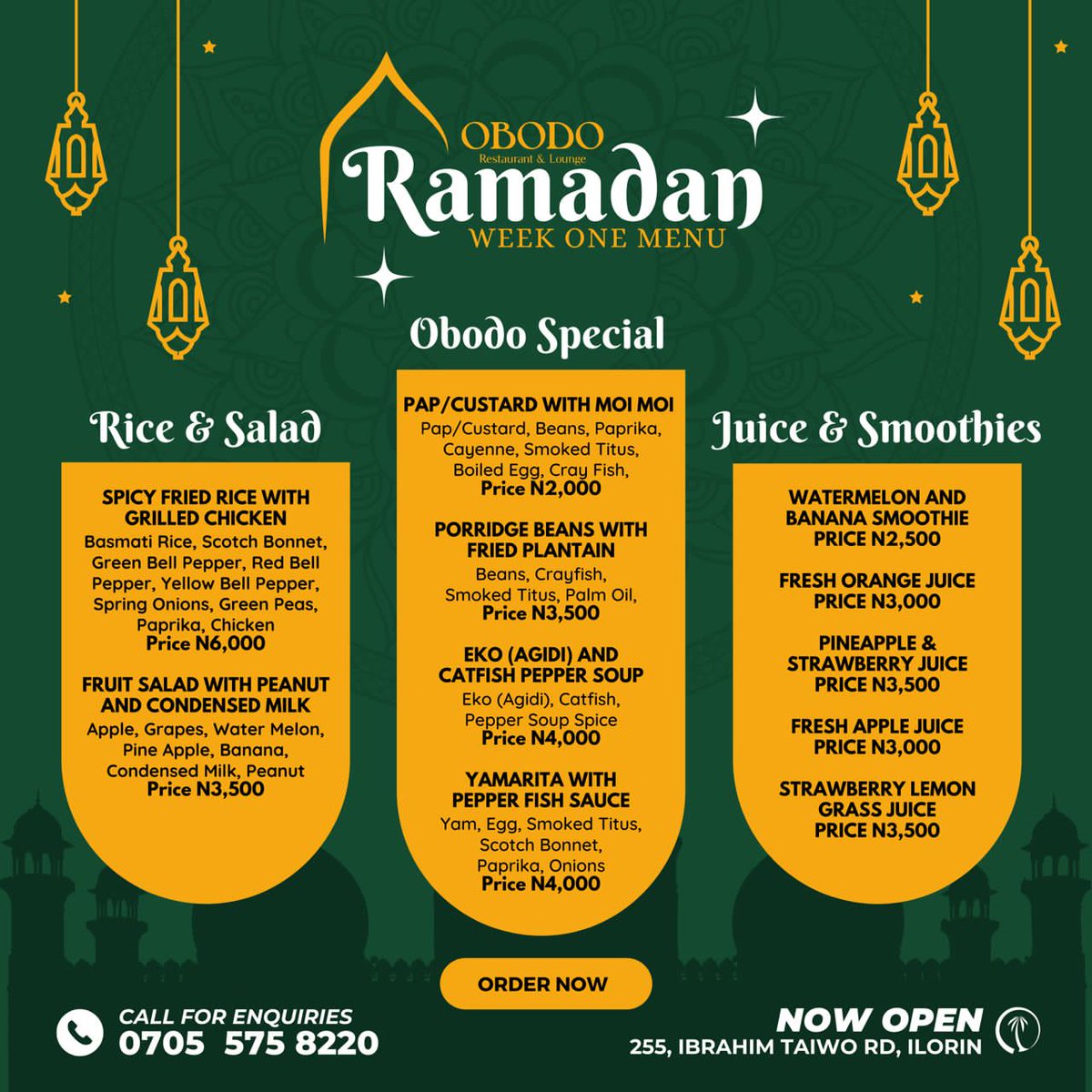 We are happy to announce our IFTAR MENU for #Ramadan Week One Available daily from 7PM - 9PM Click the link in bio to make your reservation before 5pm daily. Available for dine in, pick up and home delivery. Call 07055758220 for more enquiries.