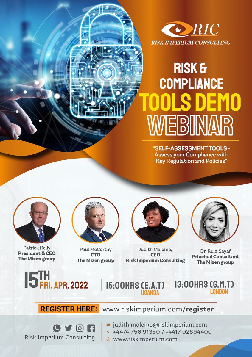 Join Risk Imperium Consulting(London) &amp; The Mizen Group(USA) on April 15th,13:00' GMT / 15:00'EAT as we present a demo on unique proprietary diagnostic tools to help you address challenges faced in today’s regulatory environment. 
Register at :-
riskimperium.com