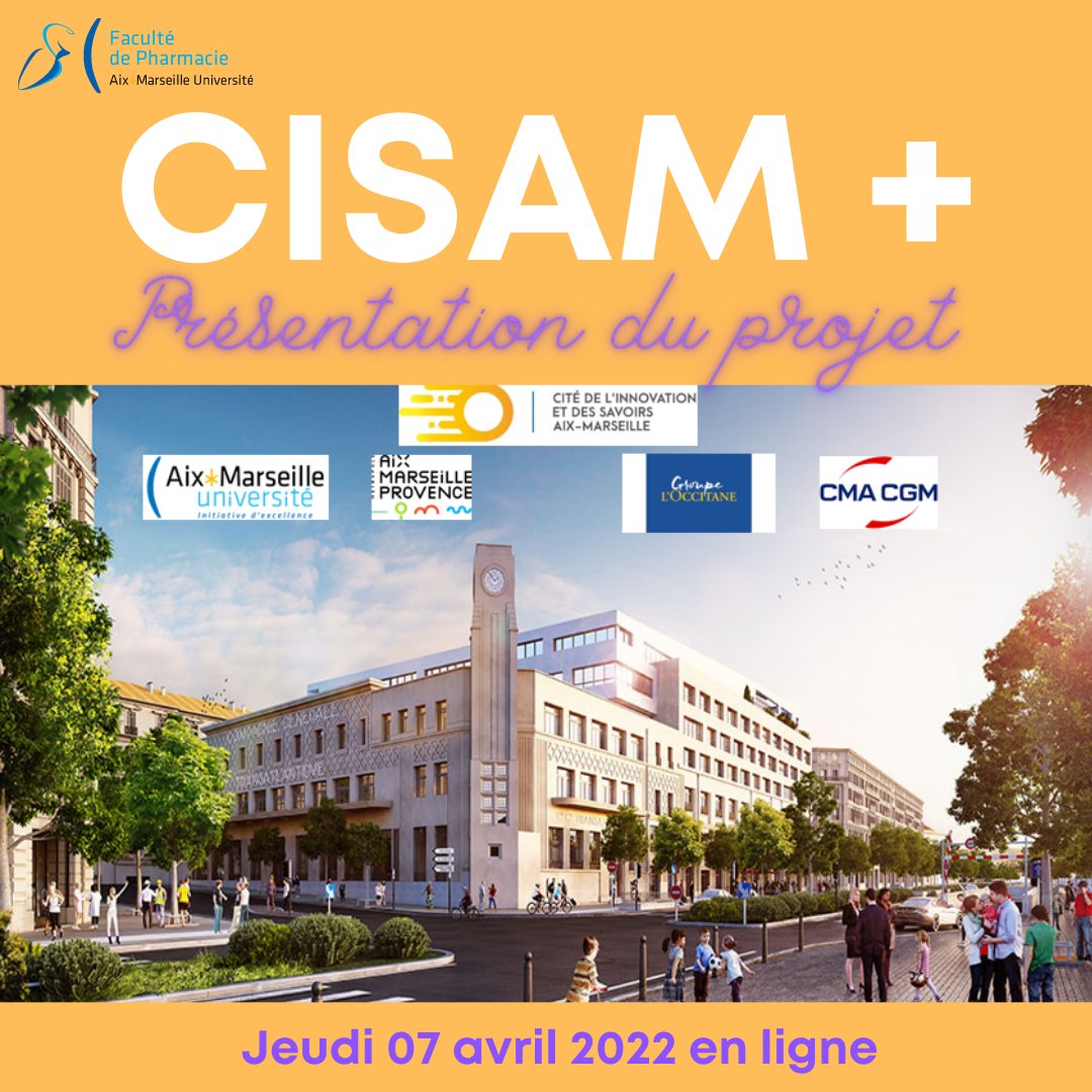 facpharmarseill's tweet photo. EVENEMENT | 🟢@facpharmarseille a le plaisir de vous convier ce jeudi 07 avril 2022, à 16h, à la présentation en ligne du projet #CISAM + par Charlie BARLA, directeur @CisamInnovation @univamu Rendez-vous sur ZOOM pour participer à cette présentation https://t.co/GS2mEsDNLr https://t.co/U0fBVeE7KC