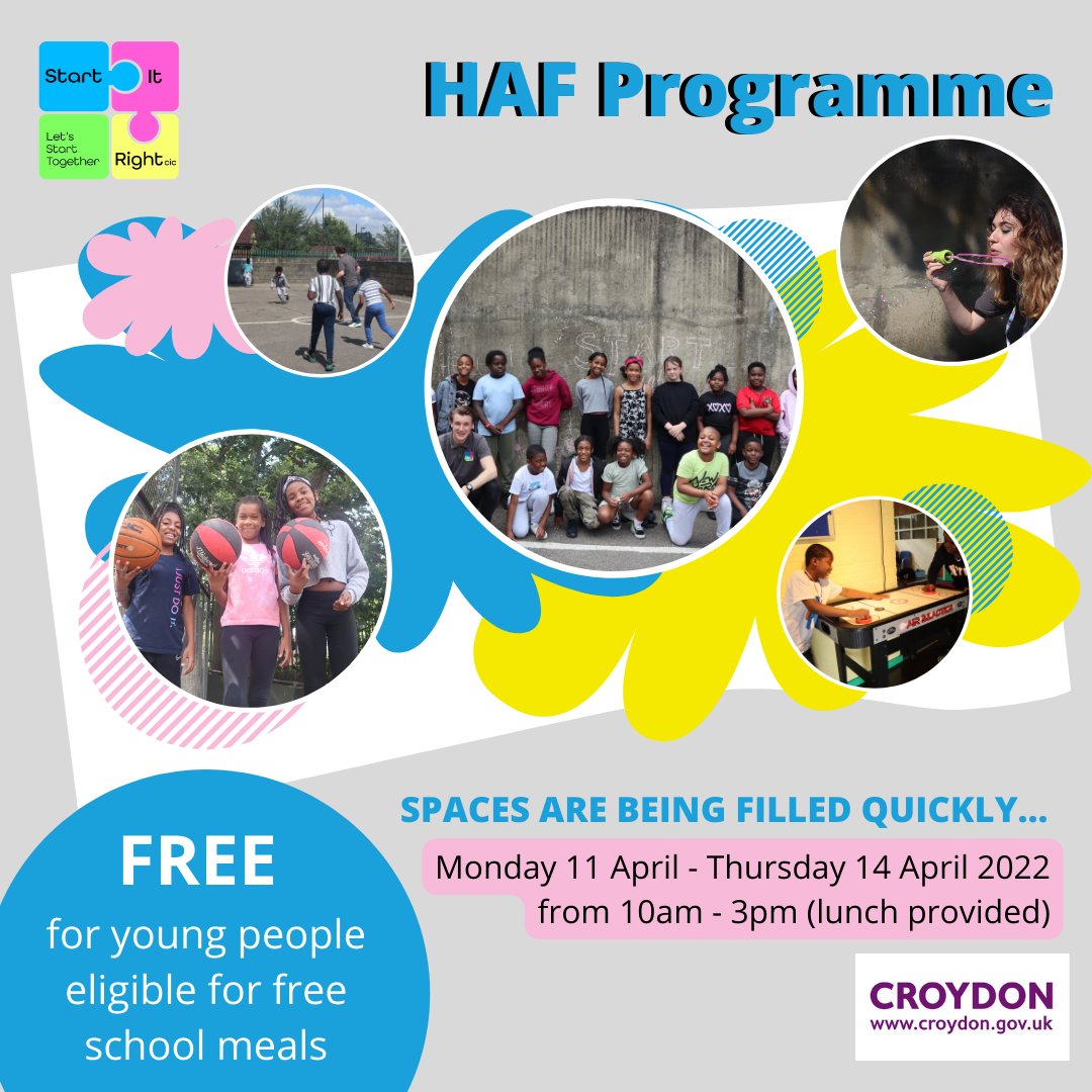 Be sure not to miss out on our Easter Holiday Activities and Food Programme. 

Taking place from Monday 11th April - Thursday 14th April 2022.

Open to young people ages 8-12 who are eligible for free school meals.

For more info visit: bit.ly/3MPk8BL

#Croydon
