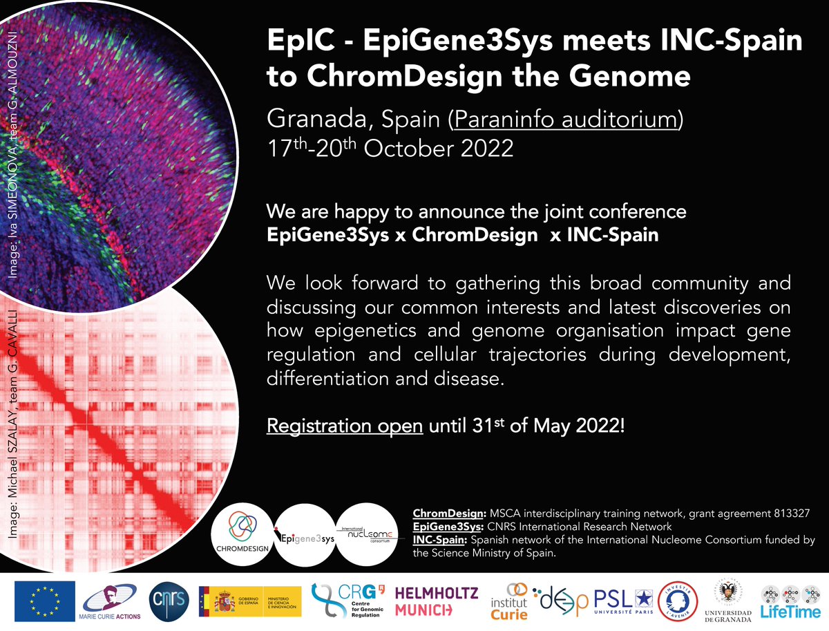 📢Registrations &amp; abstract submission for the joint conference EpiGene3Sys x ChromDesign x INC-Spain now open! 
Visit chromdesign.eu/epic-conference for more info
⏳Deadline 31/5/22
@EpiGeneSysFP7 @INSB_CNRS <a href="/ChromDesign/">ChromDesign</a> <a href="/institut_curie/">Institut Curie</a> <a href="/psl_univ/">Université PSL</a> <a href="/CRGenomica/">Centre for Genomic Regulation (CRG)</a> <a href="/epigeneticsHMGU/">Epigenetics Research at Helmholtz Munich</a> <a href="/MSCActions/">Marie Skłodowska-Curie Actions</a>