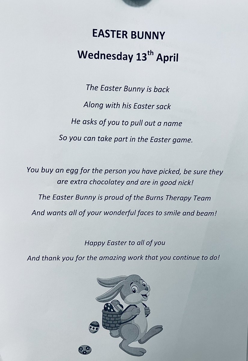 KatieBetteridg6's tweet photo. Starting new traditions! ๐๐ฃ๐ฐ๐ฅ๐ซ
Really impressed with the poem ๐
@amberley_prince @Hannah_Dawe_ @Kirk_Bec #secretbunny #easteregg #teammorale #burnstherapy https://t.co/X7YTbNzoC1