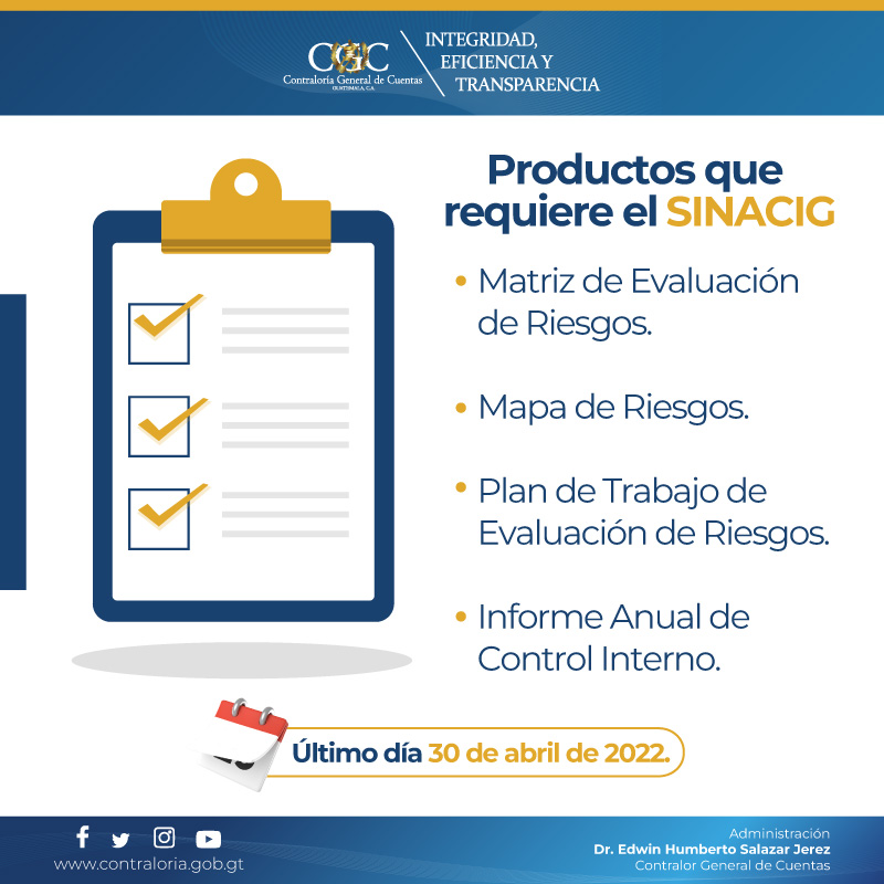 Contraloria_gt's tweet photo. #Importante ⚠️📌Recordamos a todas las Instituciones sujetas a fiscalización que el último día para entregar los productos solicitados por el Sistema Nacional de Control Interno Gubernamental #SINACIG es el 30 de abril de 2022 https://t.co/zk0p5Ttp6R