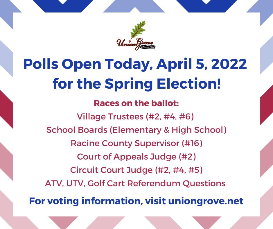 uniongrovewi's tweet photo. Polls are open TODAY for the Spring Election from 7 a.m. to 8 p.m. For voting information and to view a sample ballot, visit: https://t.co/2u4yVOOmlo https://t.co/ZROpUwUwaj