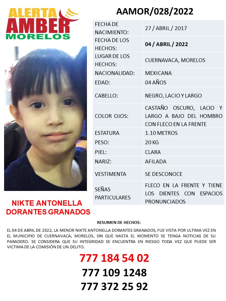 Se activa #AlertaAmberMorelos para la búsqueda y localización de la menor NIKTE ANTONELLA DORANTES GRANADOS de 04 años.
#Morelos
