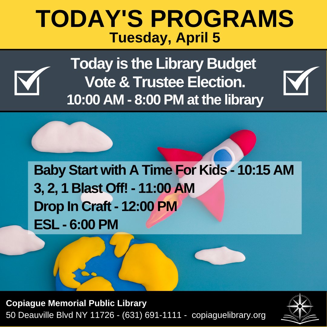 CopiagueLibrary's tweet image. Don&apos;t miss today&apos;s programs!
copiaguelibrary.org

#CopiagueNY #CopiagueLibraryPrograms #CopiagueKids #LibraryBudgetVote #Vote #KidsCrafts #LibraryKids #ESL