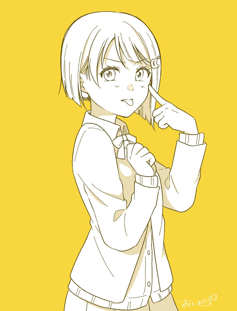 nakasu kasumi 1girl solo short hair tongue out tongue yellow background hair ornament  illustration images