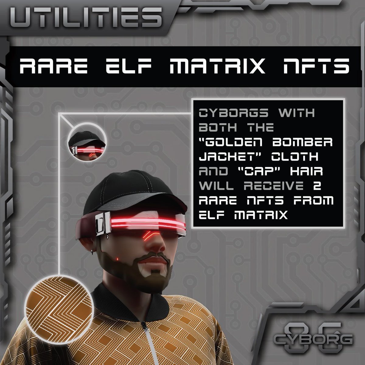Cyborg86nft's tweet photo. Let’s remind that each Cyborg is unique and will be rewarded 💎

This time, let’s utility and partnership !

All Cyborgs with BOTH  “Golden Bomber Jacket” and “Cap” together on one @Cyborg86NFT will receive 2 Rare @Elf_Matrix NFT 🚀

#partnership #NFTCommunity https://t.co/5pOFmEhebV