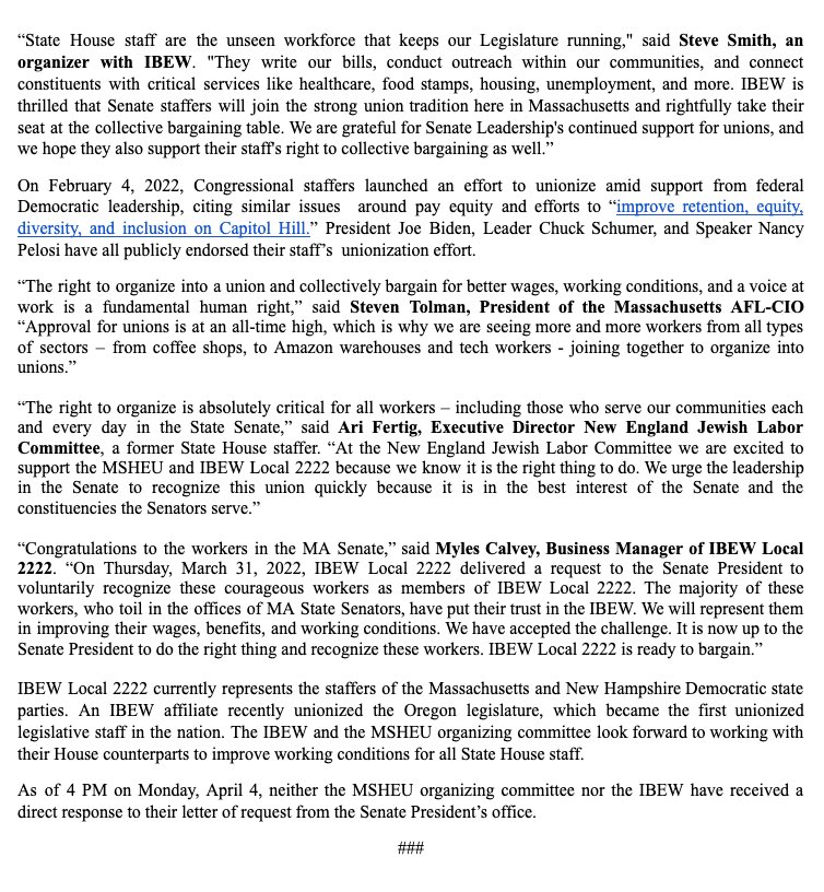 Today, the Massachusetts State House Employee Union (MSHEU) announces Senate staffers have collectively organized and formed a union. Join us in our movement!

Our press release: