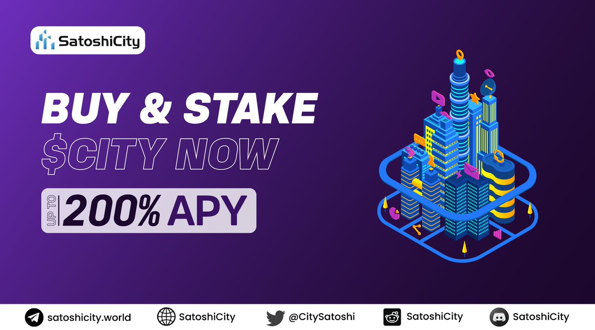 CitySatoshi's tweet photo. Dive into the world of staking by joining $CITY Staking Program to avail up to 200% APY and earn some sedentary money. 

Read the full article on: https://t.co/S2Z8gMb5P0 
. 
. 
. 
#SatoshiCity #CITY #Metaverse #Staking #Gamefi https://t.co/nxQmal4XGm