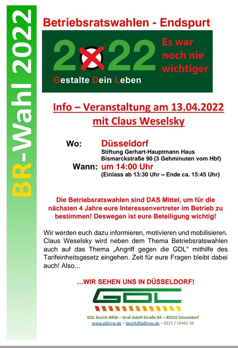 ❗ 𝗕𝗲𝘁𝗿𝗶𝗲𝗯𝘀𝗿𝗮𝘁𝘀𝘄𝗮𝗵𝗹𝗲𝗻  𝟮𝟬𝟮𝟮 ❗

𝐄𝐬 𝐰𝐚𝐫 𝐧𝐨𝐜𝐡 𝐧𝐢𝐞 𝐰𝐢𝐜𝐡𝐭𝐢𝐠𝐞𝐫! ❗

Info – Veranstaltung am 13.04.2022
mit Claus Weselsky

𝗔𝗹𝘀𝗼…
…𝗪𝗜𝗥 𝗦𝗘𝗛𝗘𝗡 𝗨𝗡𝗦 𝗜𝗡 𝗗𝗨̈𝗦𝗦𝗘𝗟𝗗𝗢𝗥𝗙!