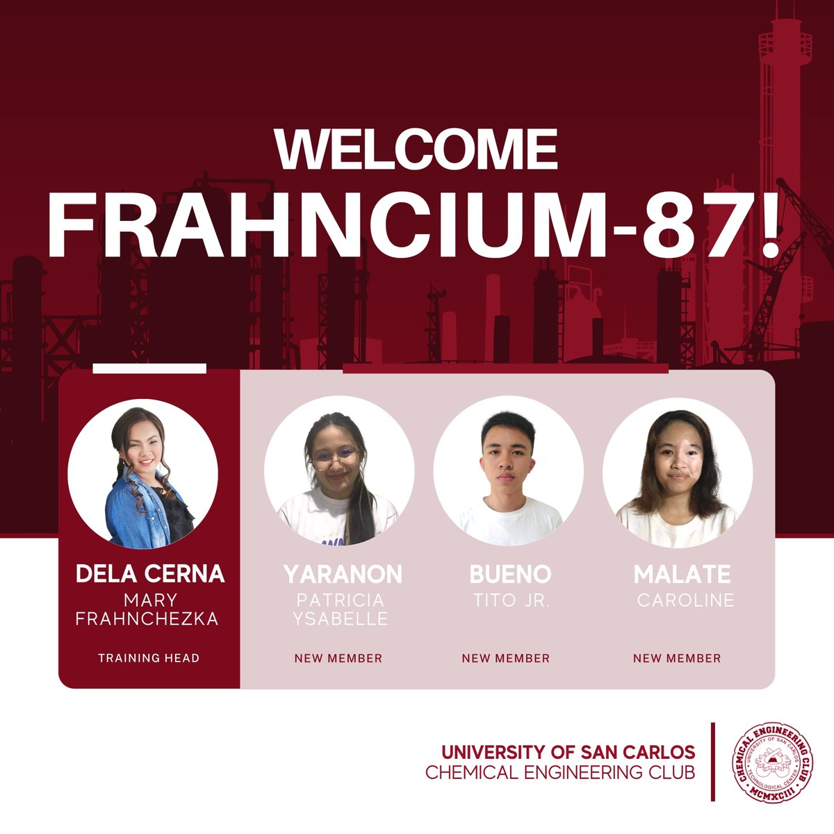 uscchec's tweet photo. Join us as we give our heartiest welcome to the six newest members of the ChEC family. After 4 weeks of training, they have proven to the members and to themselves that they are willing to triumph over any challenge. 

Welcome to ChEC, Frahncium - 87!

#ChECmarked https://t.co/r1BkUeIy3k