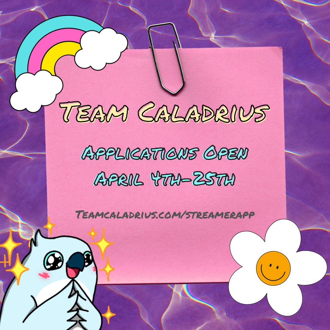 since our fearless leader has led us astray *cough* YANABELLS 👀 here’s a re-upload of the info! 👏🏼

Go to teamcaladrius.com/streamerapp to apply and be part of this chaotic trash fire family 🌻💕