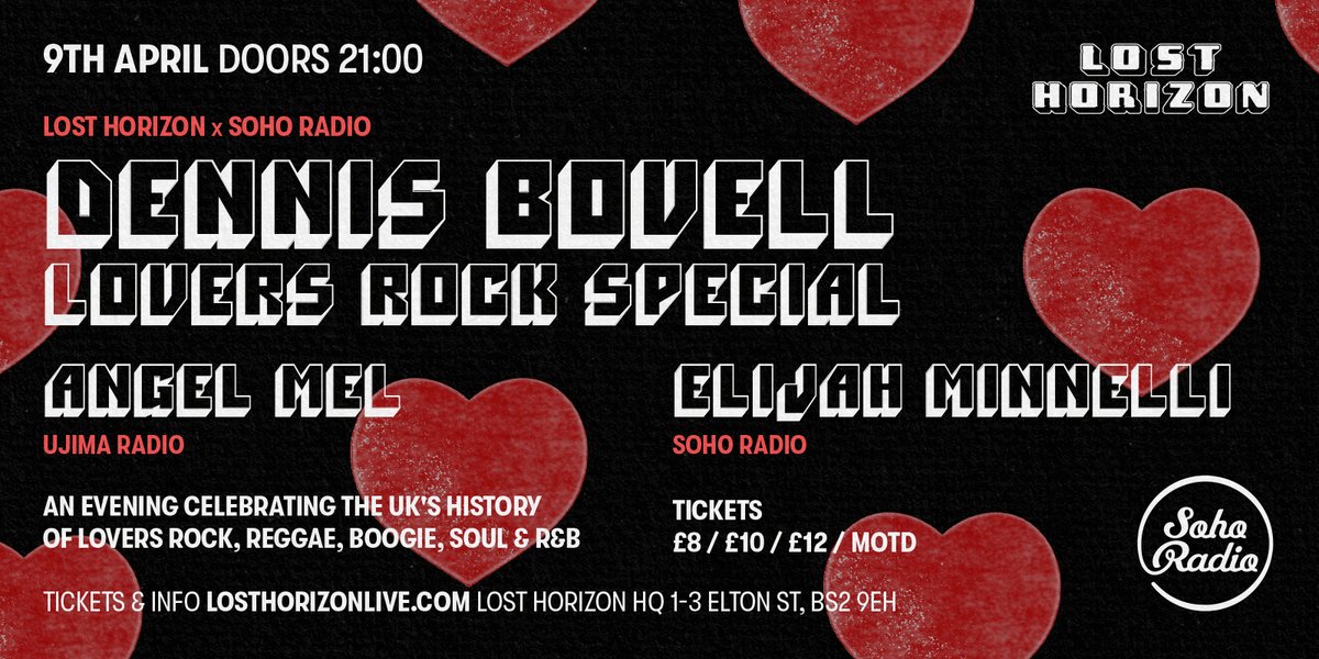 Soho Radio (@sohoradio) on Twitter photo Join us in Bristol at <a href="/LostHorizonHQ/">Lost Horizon</a> Saturday 9th April.
A night of lovers rock, reggae, soul, boogie and R&B with:
💚<a href="/DubMaestro1/">Dennis Bovell</a>
💚@AngelMel2017 / <a href="/Ujimaradio/">Ujima Radio</a>
💚Elijah Minnelli / Soho Radio
Grab your tickets here 👉🏽 bit.ly/38j2iXM. Join us in Bristol at <a href="/LostHorizonHQ/">Lost Horizon</a> Saturday 9th April.
A night of lovers rock, reggae, soul, boogie and R&B with:
💚<a href="/DubMaestro1/">Dennis Bovell</a>
💚@AngelMel2017 / <a href="/Ujimaradio/">Ujima Radio</a>
💚Elijah Minnelli / Soho Radio
Grab your tickets here 👉🏽 bit.ly/38j2iXM.