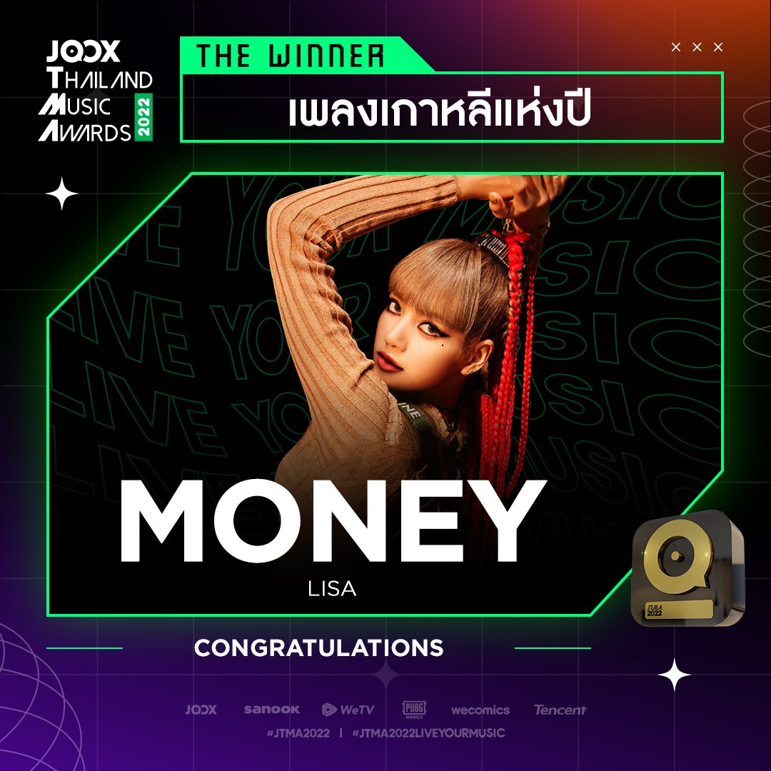 JOOXTH's tweet photo. Congratulations!!! 🎊​
รางวัล เพลงเกาหลีแห่งปี 🏆 ​
MONEY - LISA​ 
​
ขอแสดงความยินดีกับ “LISA” น้องต้องดีใจแน่เลย🥺
และขอขอบคุณทุกคะแนนเสียงของ “ทุกคน” ที่ร่วมเป็นส่วนหนึ่งของรางวัลทางดนตรีแห่งปีในปีนี้ 💚​ 
​
#JOOX #JTMA2022LIVE
#JTMA2022LiveYourMusic #JTMA2022xLISA https://t.co/eUPvd9sHTE